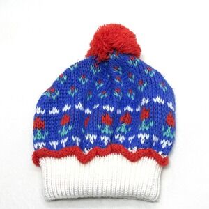 Vintage Toddler Beanie Hat Winter Cap Red Blue Flowers Floral Pom Pom 90s
